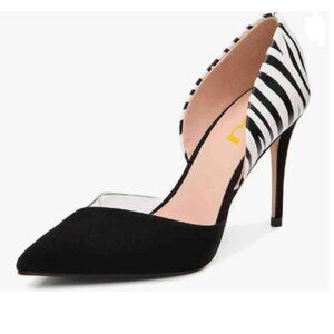 FSJ Black Stiletto High Heel Pumps Pointy Toe D'Orsay Sandal Slip on Office Shoe